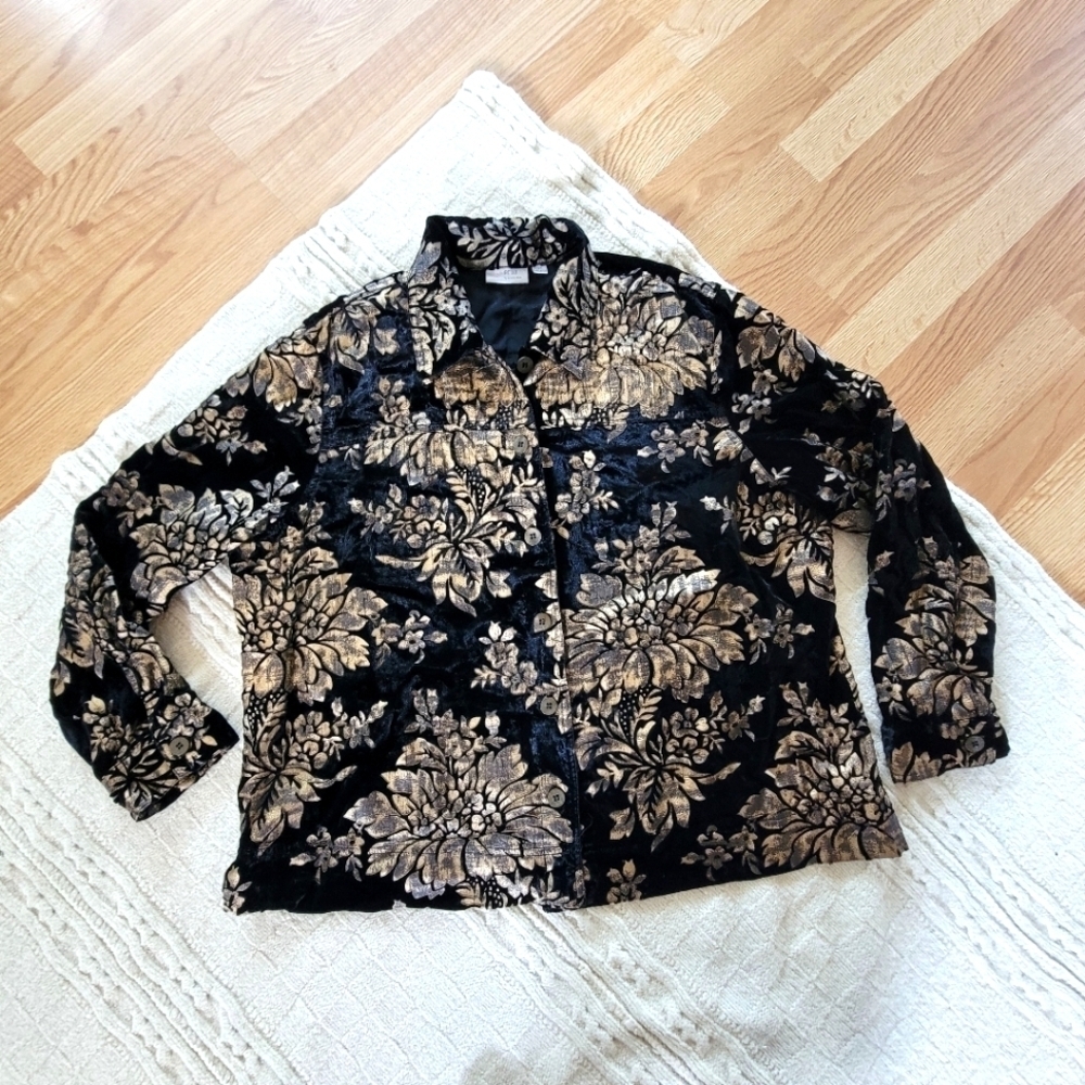 Erin by Erin London Floral Metallic Velvet Shacket Jacket size 2X Gold Black